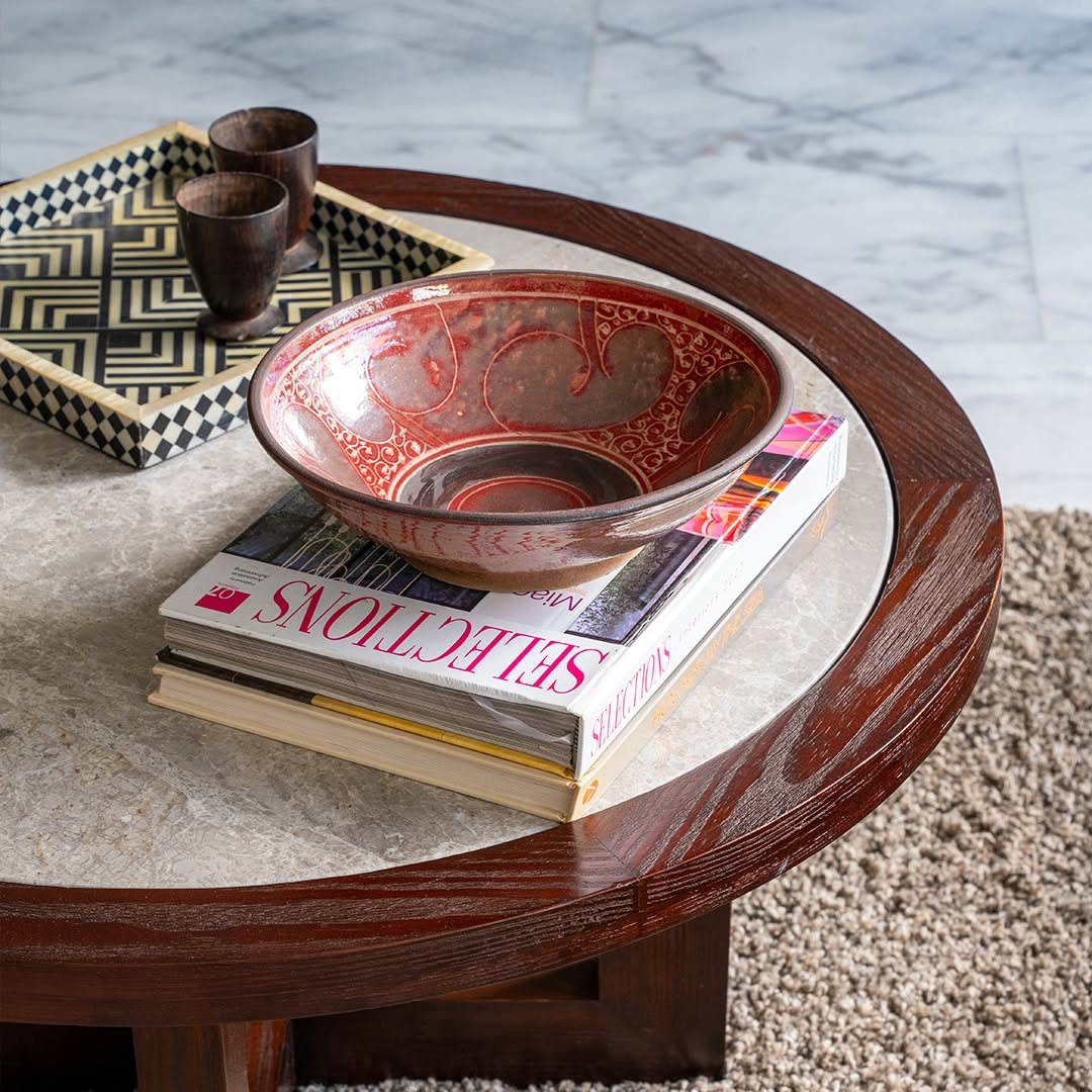 Close detail of a marble and timber coffee table